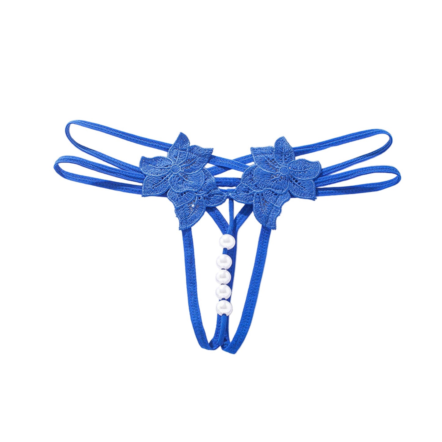 Blue lace thong with floral designs and pearl-like beads on a white background