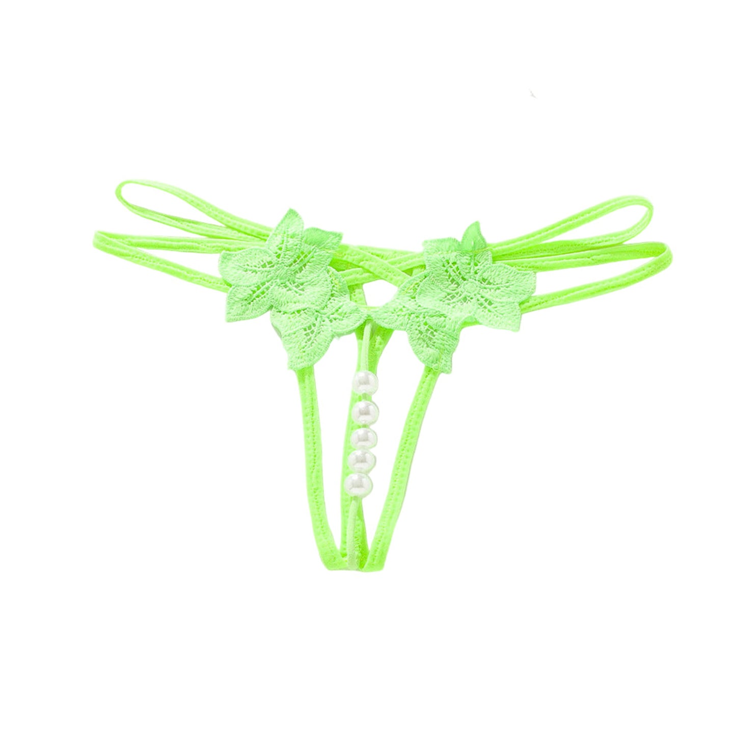 Neon green lace thong with floral designs on a white background