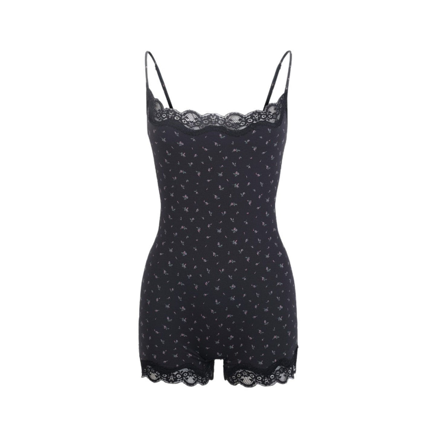 Black lace-trimmed romper on a white background