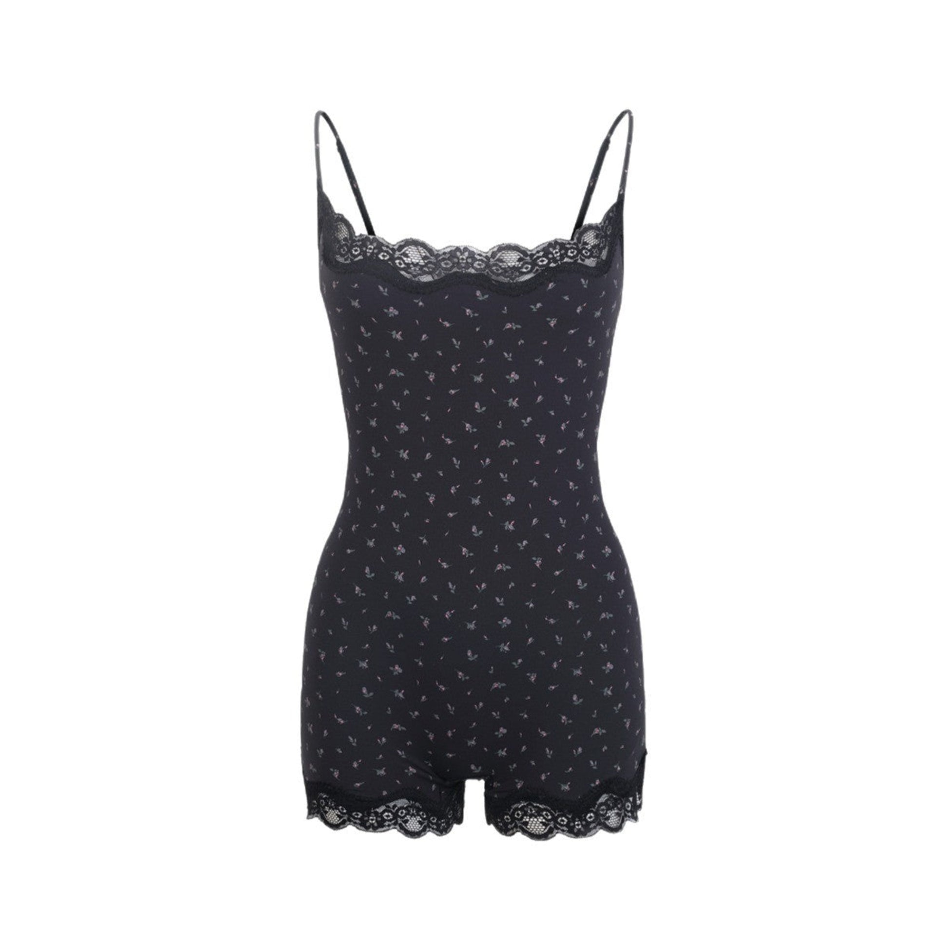 Black lace-trimmed romper on a white background