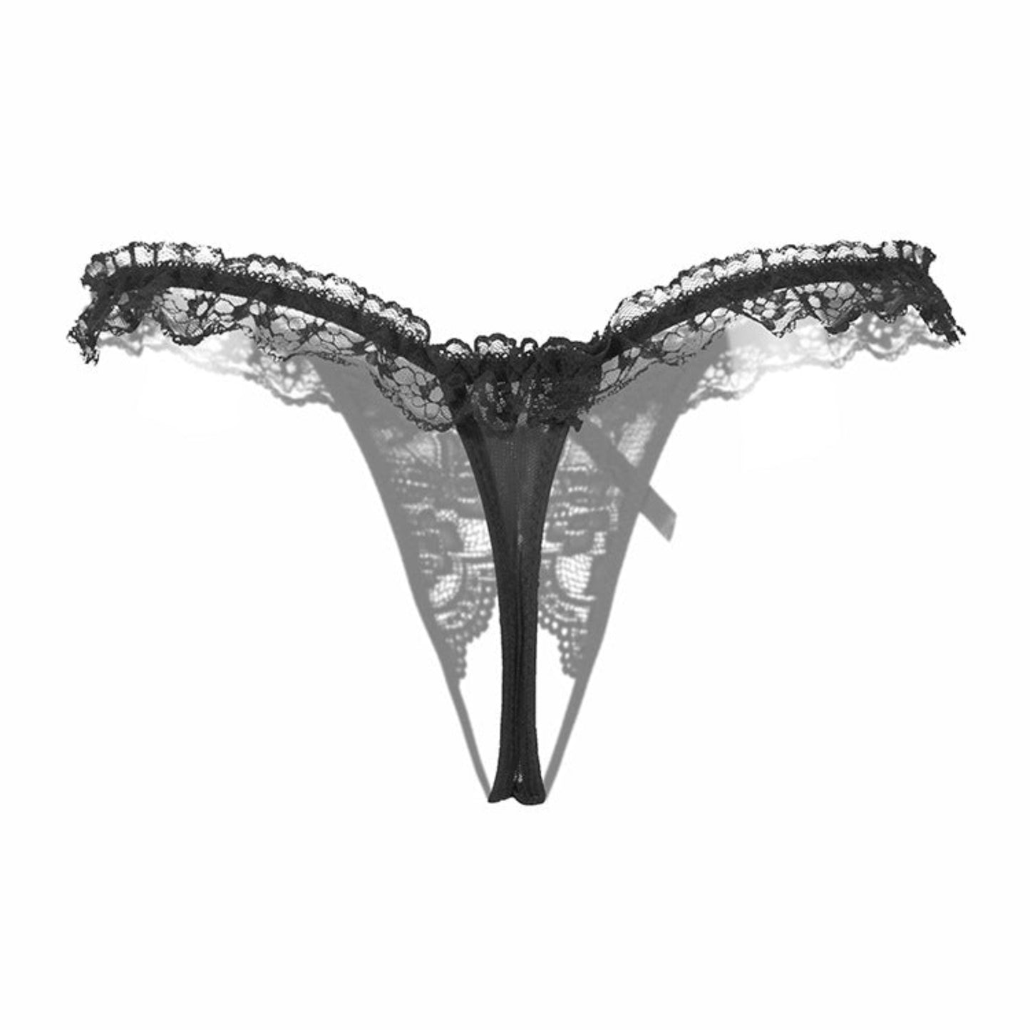Black lace thong on a white background