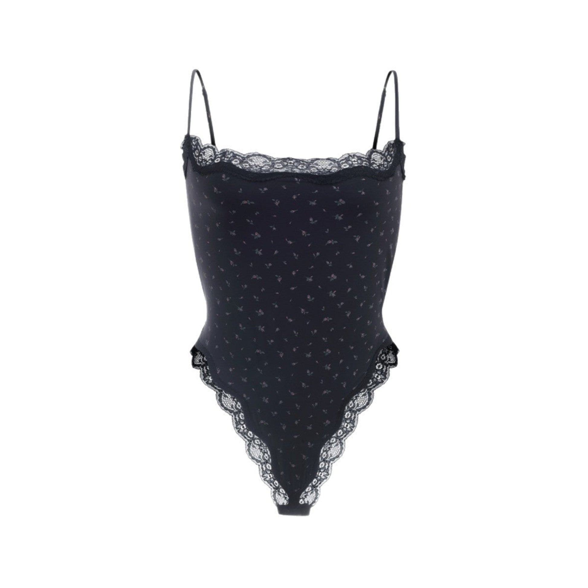 Black lace bodysuit on a white background