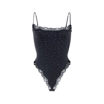 Black lace bodysuit on a white background