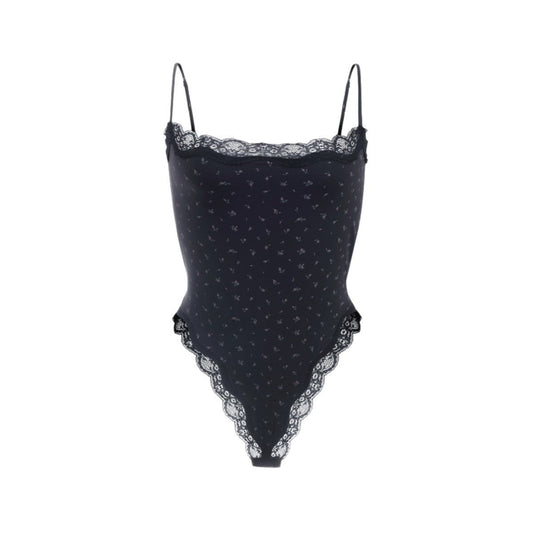 Black lace bodysuit on a white background