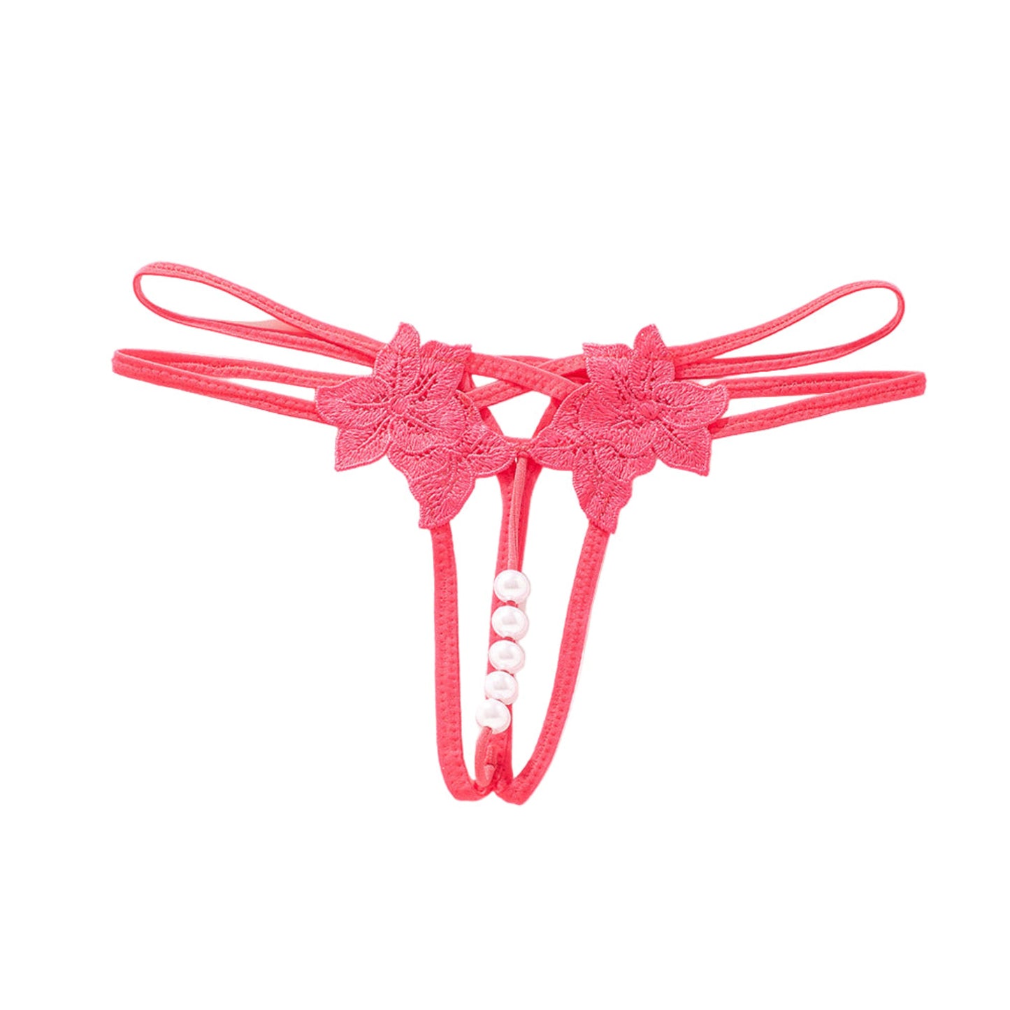 Pink lace thong with floral designs on a white background