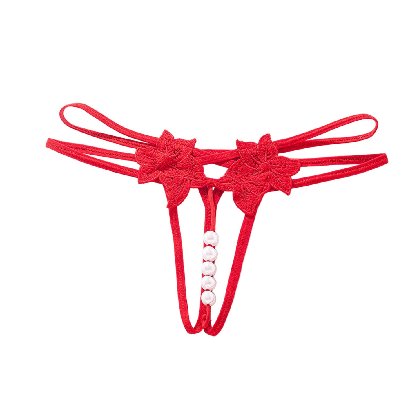 Red lace thong with floral designs and pearl accents on a white background