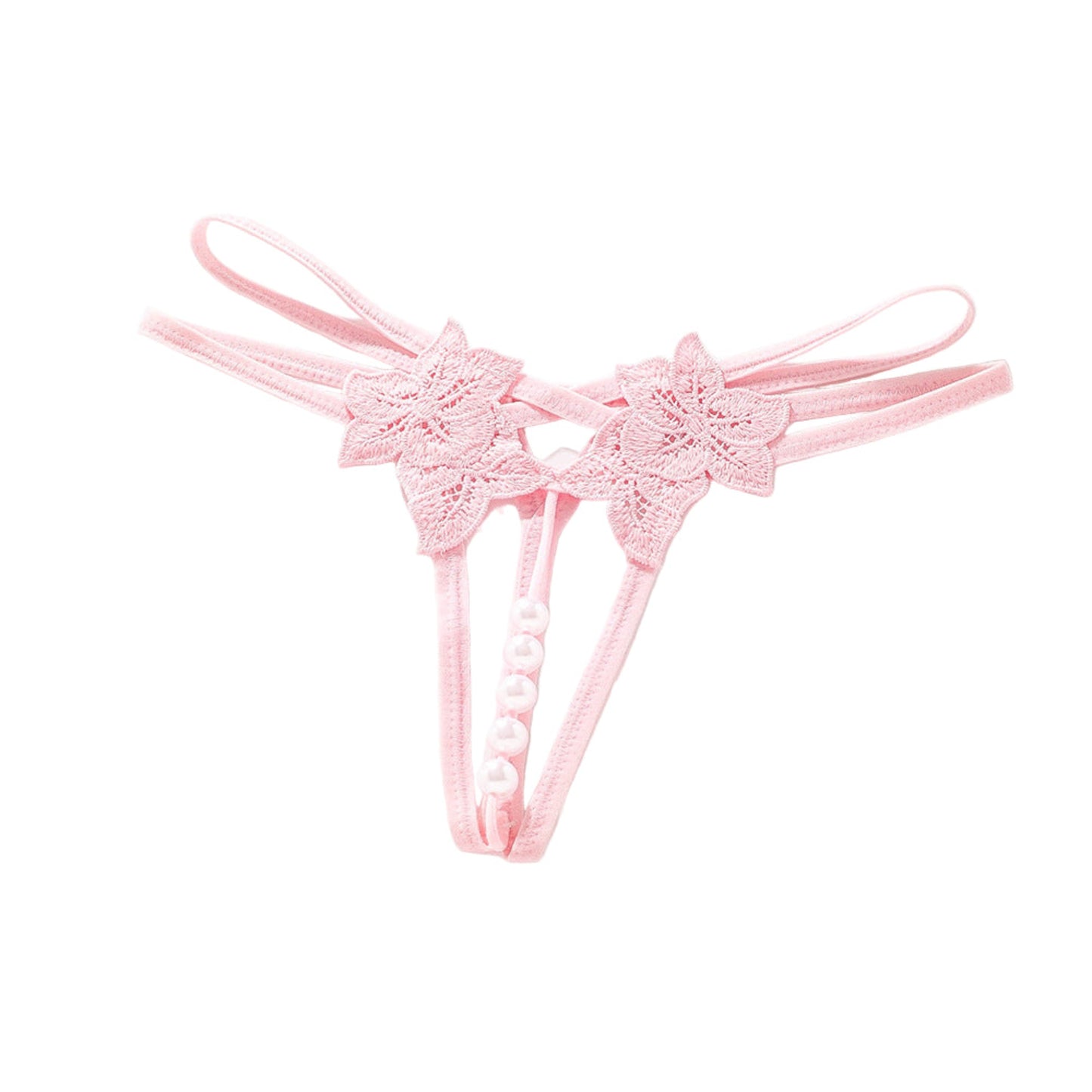 Pink lace thong on a white background