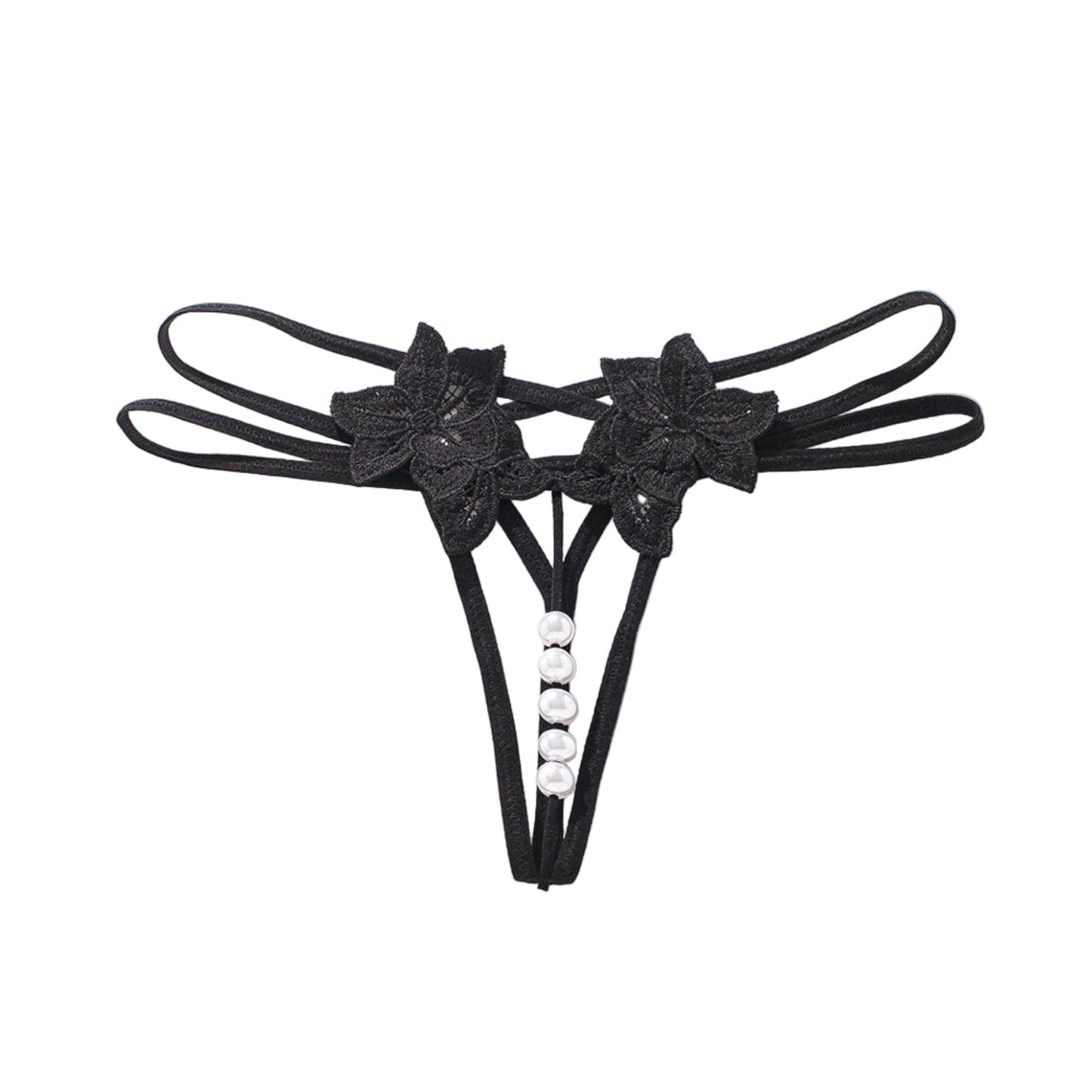 Black floral garter belt with pearls on a white background